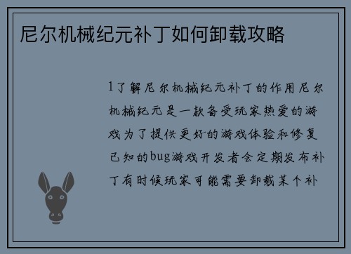 尼尔机械纪元补丁如何卸载攻略