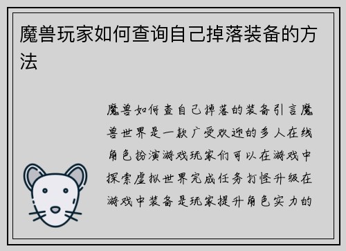 魔兽玩家如何查询自己掉落装备的方法